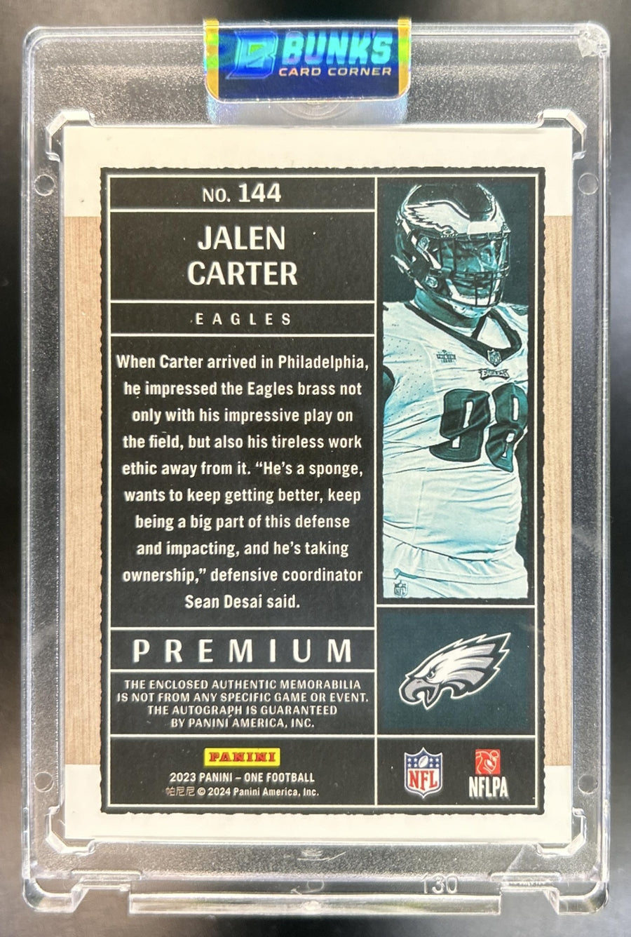 Jalen Carter 2023 Panini One #144 Blue 5/49 MEM Auto RC Premier Level Eagles