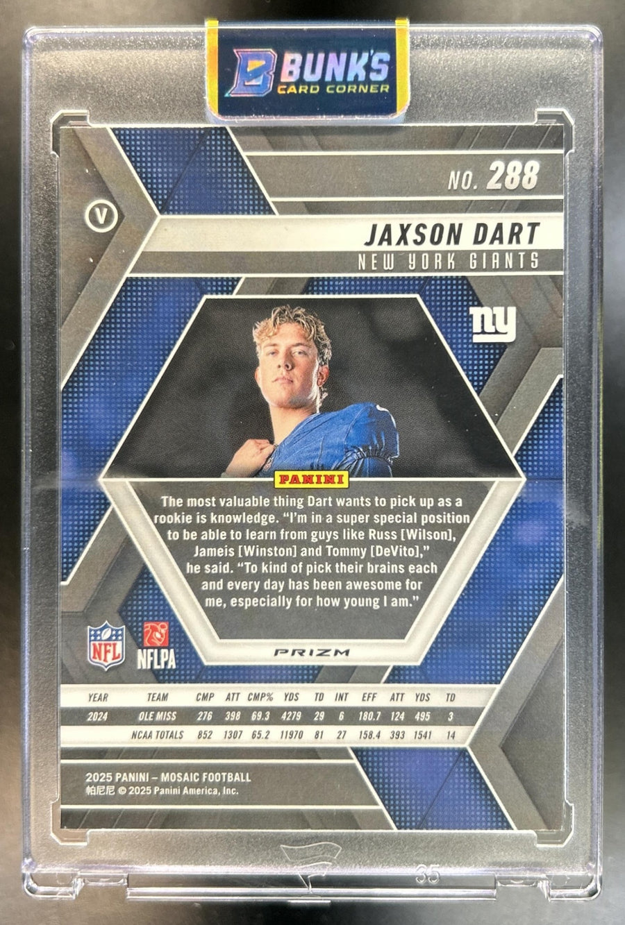 Jaxson Dart 2025 Panini Mosaic #288 Rookie Variation Camo Red Prizm RC Giants