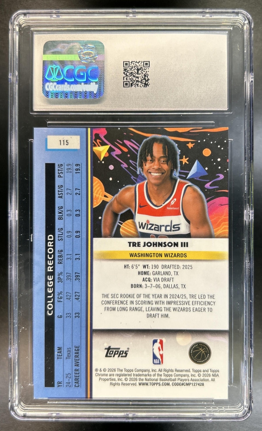 Tre Johnson III 2025-26 Topps Cosmic Chrome #115 Gold Interstellar Refractor 2 RC Wizards CGC 10