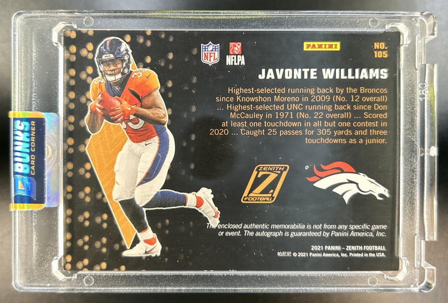 Javonte Williams 2021 Panini Zenith #105 Quad patch Auto 10/10 Rc Broncos