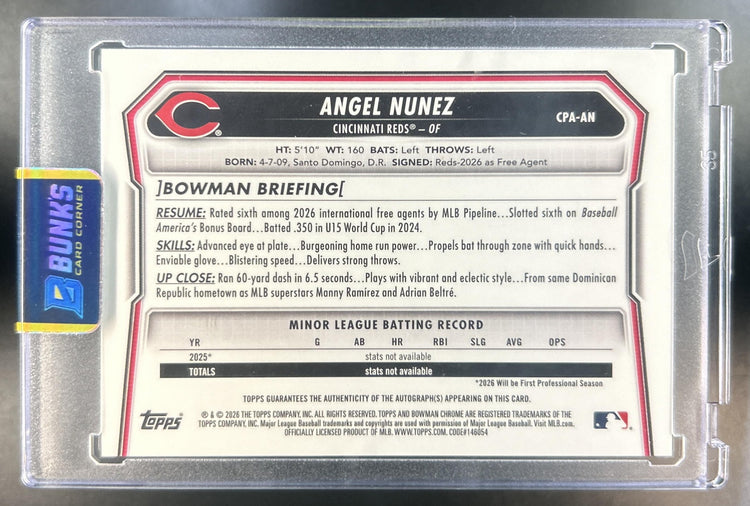 Angel Nunez 2026 Bowman Chrome #CPA-AN Auto 1st Prospect Reds