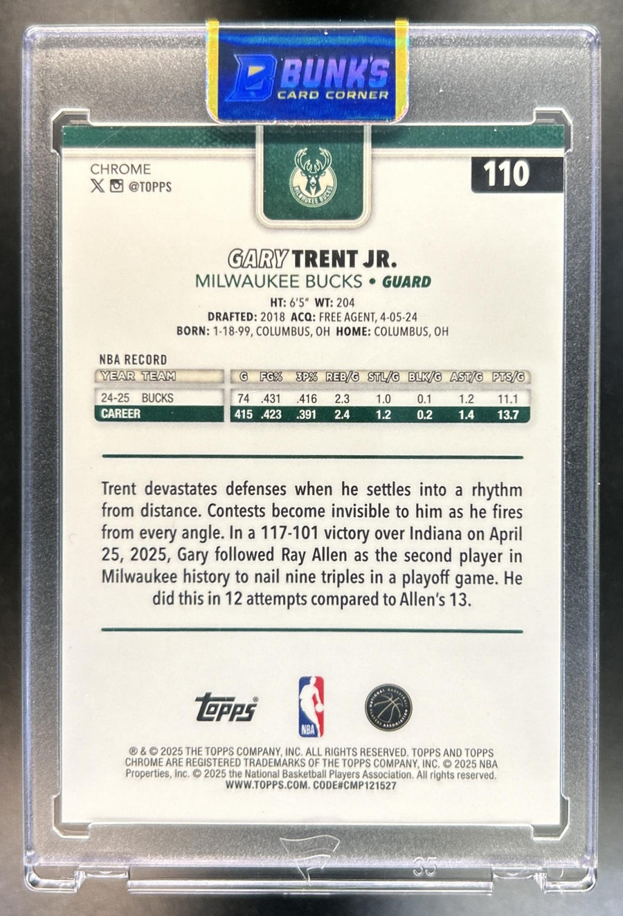 Gary Trent Jr. 2025-26 Topps Chrome #110 Gold Refractor 12/50 Bucks