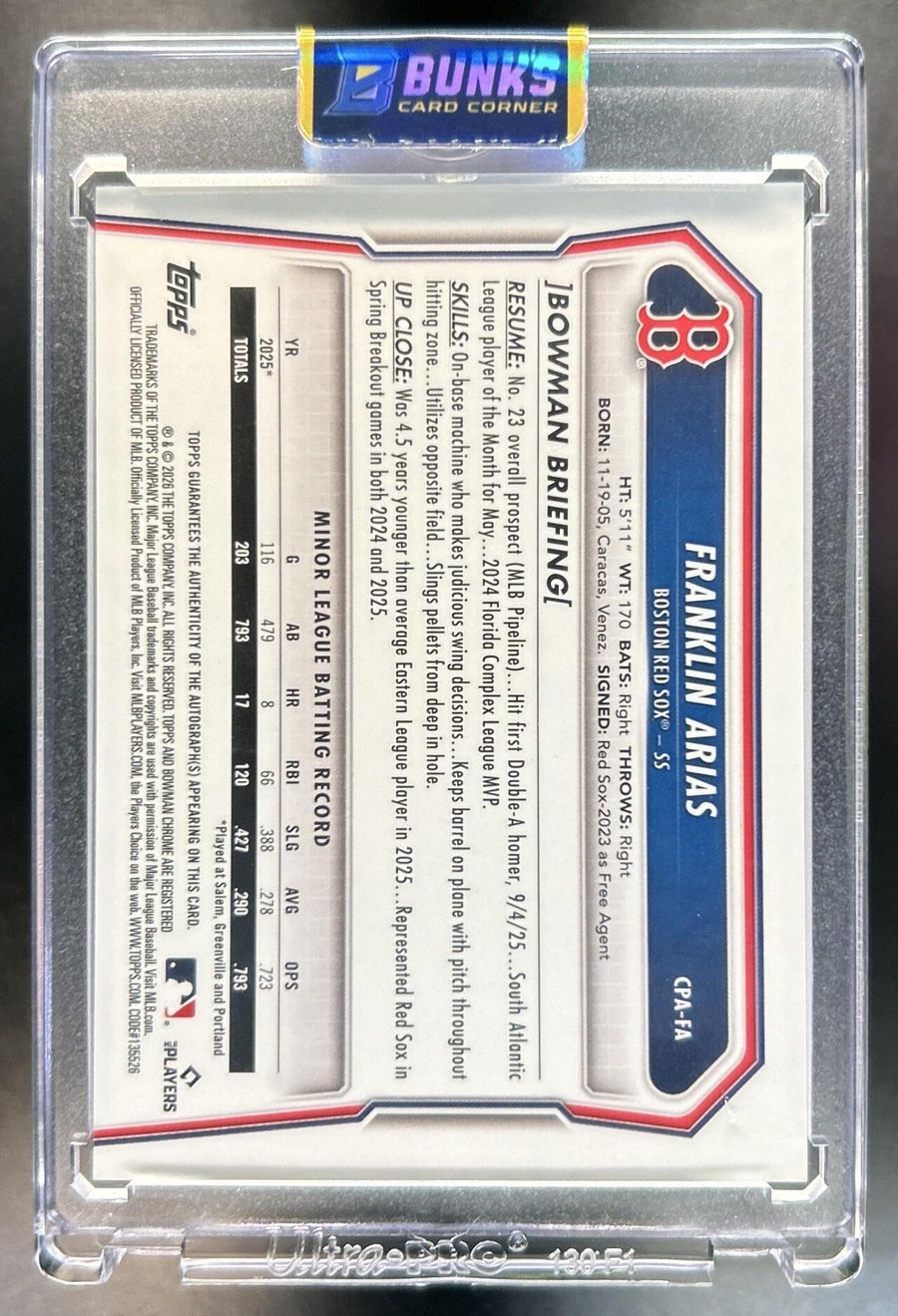 Franklin Arias 2026 Bowman Chrome #CPA-FA Prospects Auto Reptilian Green Refractor 40/99 Red Sox