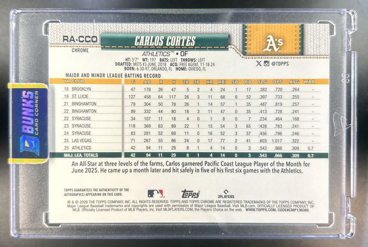 Carlos Cortes 2026 Topps Chrome #RA-CCO Rookie Auto Teal Refractor 200/299 RC Athletics