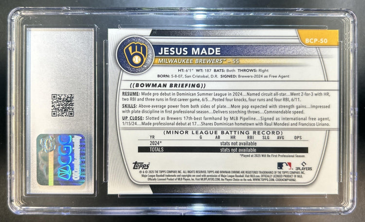 Jesus Made 2025 Bowman #BCP-50 Chrome Mega Box Refractor 1st Prospect Brewers CGC 10
