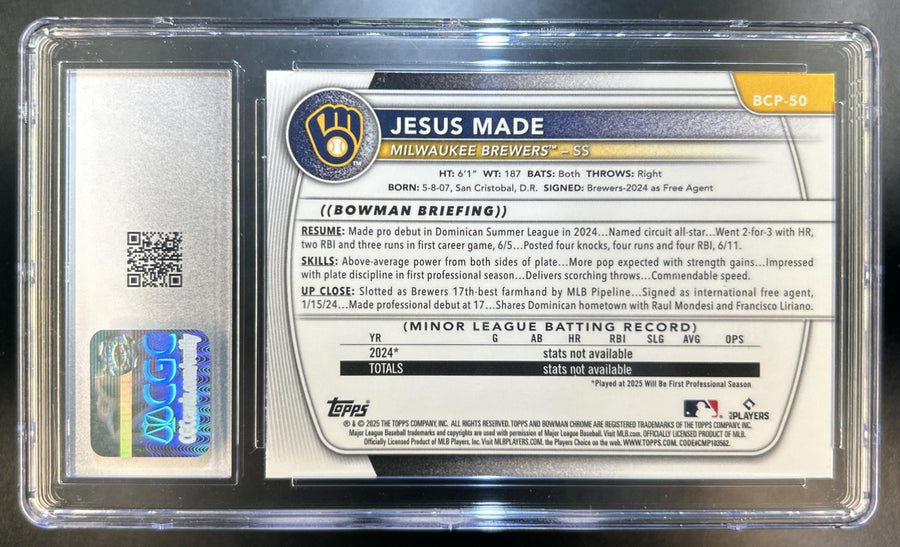 Jesus Made 2025 Bowman #BCP-50 Chrome Mega Box Refractor 1st Prospect Brewers CGC 10