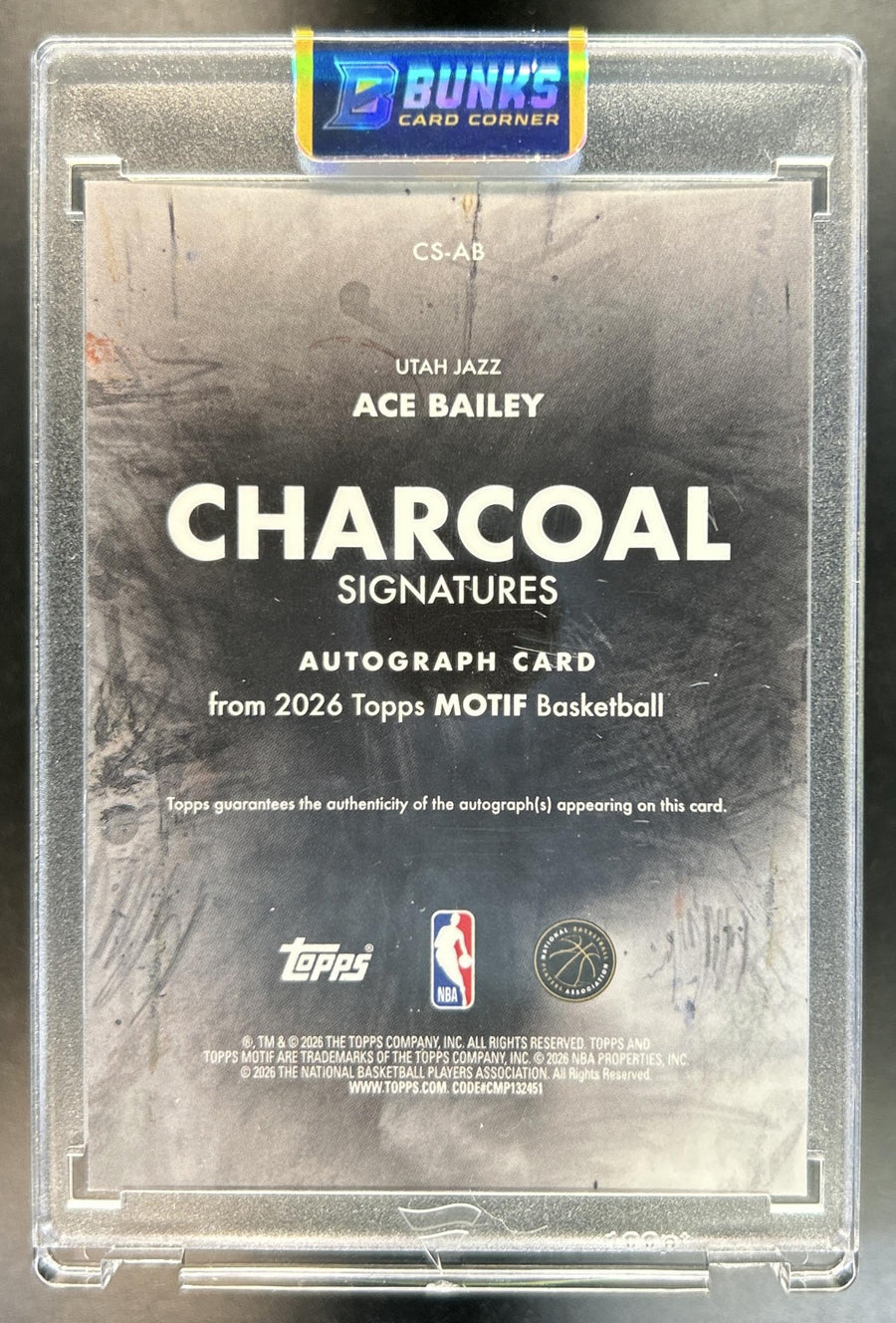 Ace Bailey 2025-26 Topps Motif #CS-AB Charcoal Signatures 10/99 RC Auto Jazz
