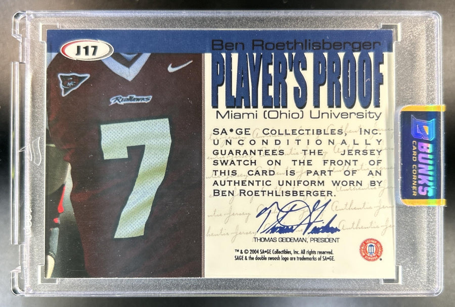 Ben Roethlisberger 2004 SAGE #J17 Jerseys Player Proofs 1/20 RC