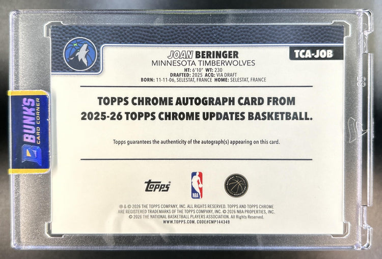Joan Beringer 2025-26 Topps Chrome Update #TCA-JOB Auto Blue Refractor 48 RC Timberwolves