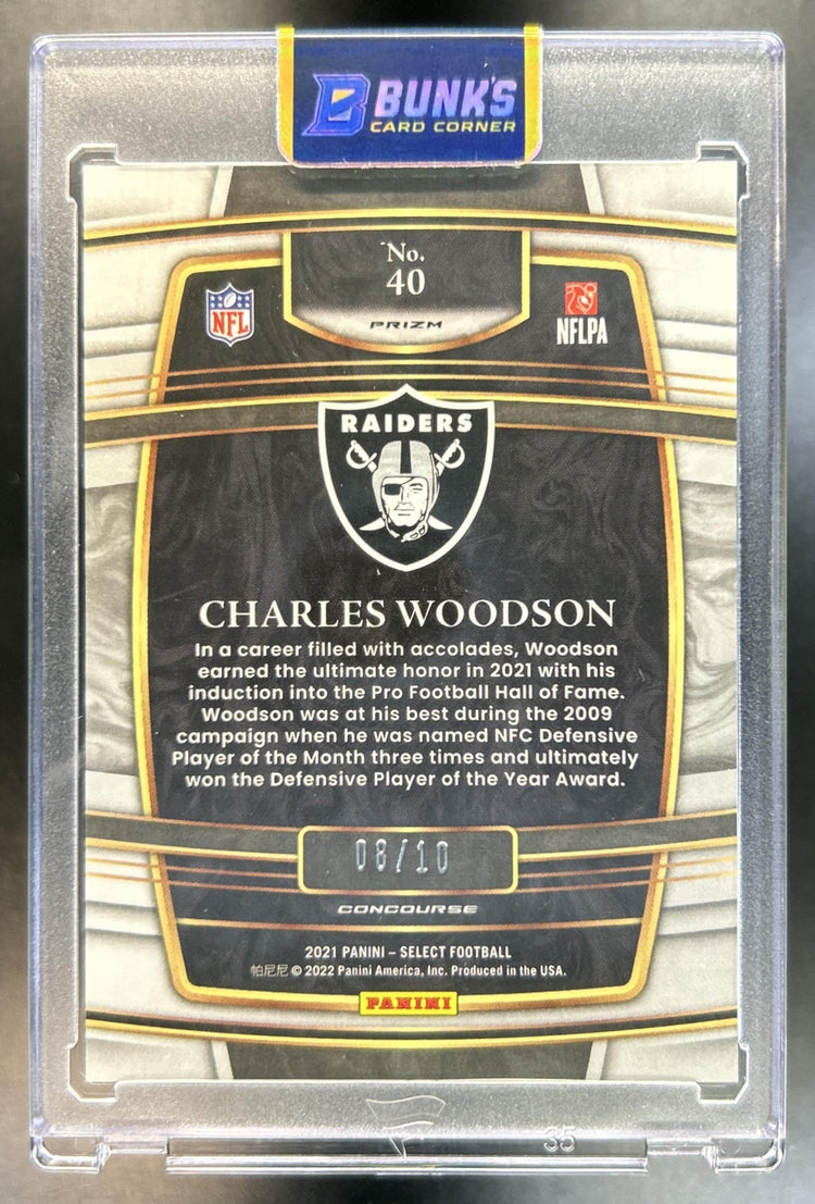 Charles Woodson 2021 Panini Select #40 Pink Prizm 8/10 Concourse Raiders