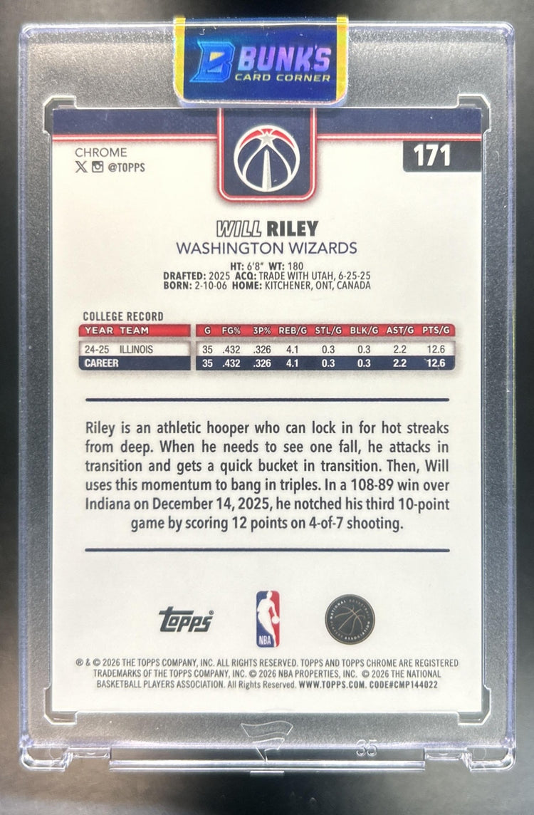 Will Riley 2025-26 Topps Chrome Update #171 Gold Refractor 24/50 RC Wizards