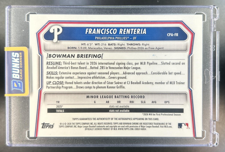 Francisco Renteria 2026 Bowman Chrome #CPA-FR Auto 1st Prospect Phillies
