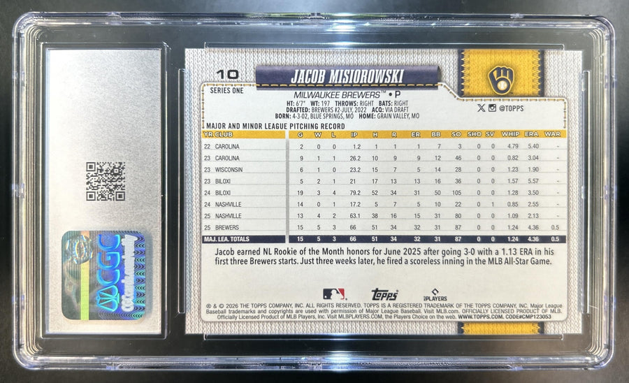 Jacob Misiorowski 2026 Topps Series 1 #10 RC Brewers CGC 10