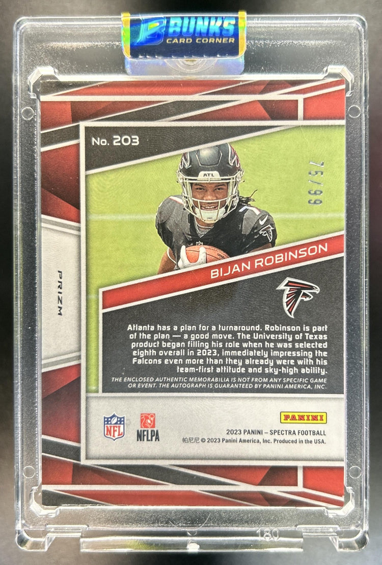 Bijan Robinson 2023 Panini Spectra #203 75 MEM Auto RC Falcons
