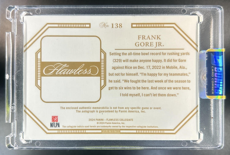 Frank Gore Jr. 2024 Panini National Treasures Collegiate #138 Flawless Rookie Patch Auto Horizontal 5/10 MEM RC
