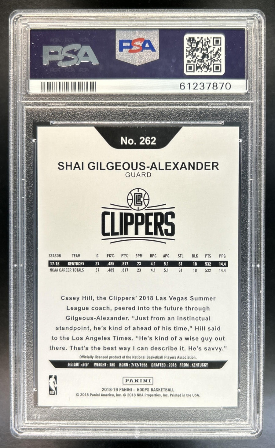 Shai Gilgeous-Alexander 2018-19 Panini Hoops #262 RC Clippers PSA 10