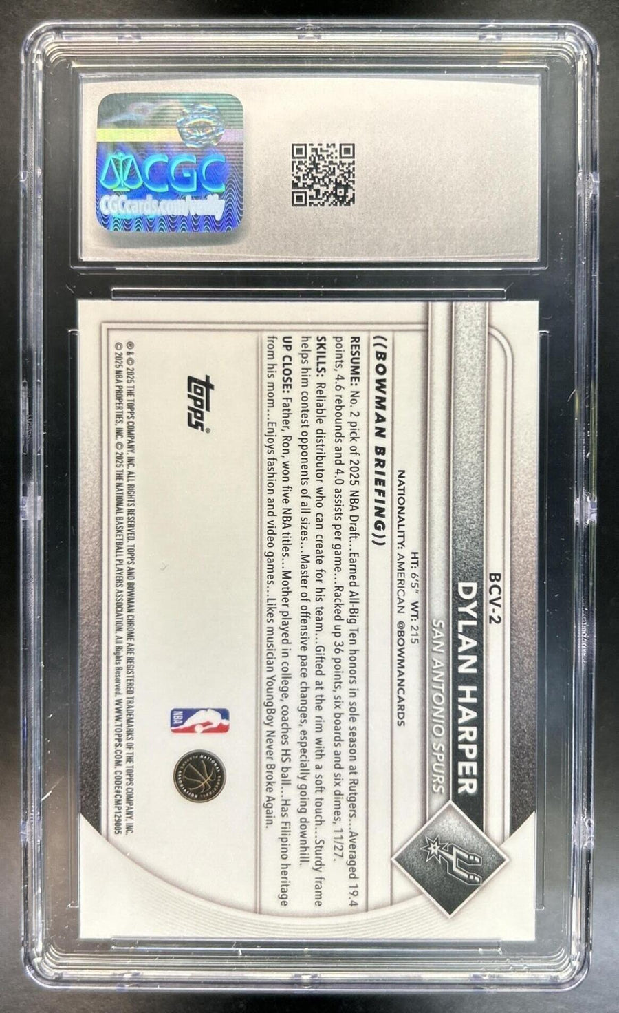Dylan Harper 2025-26 Bowman #BCV-2 Chrome Mojo Refractor RC Spurs CGC 10