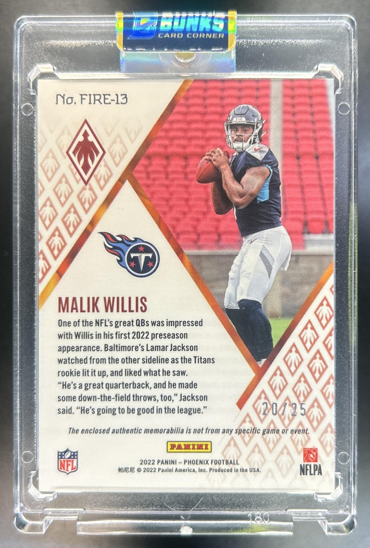 Malik Willis 2022 Panini Phoenix #FIRE-13 Fire Fabrics Prime Blue 20/25 RC Titans