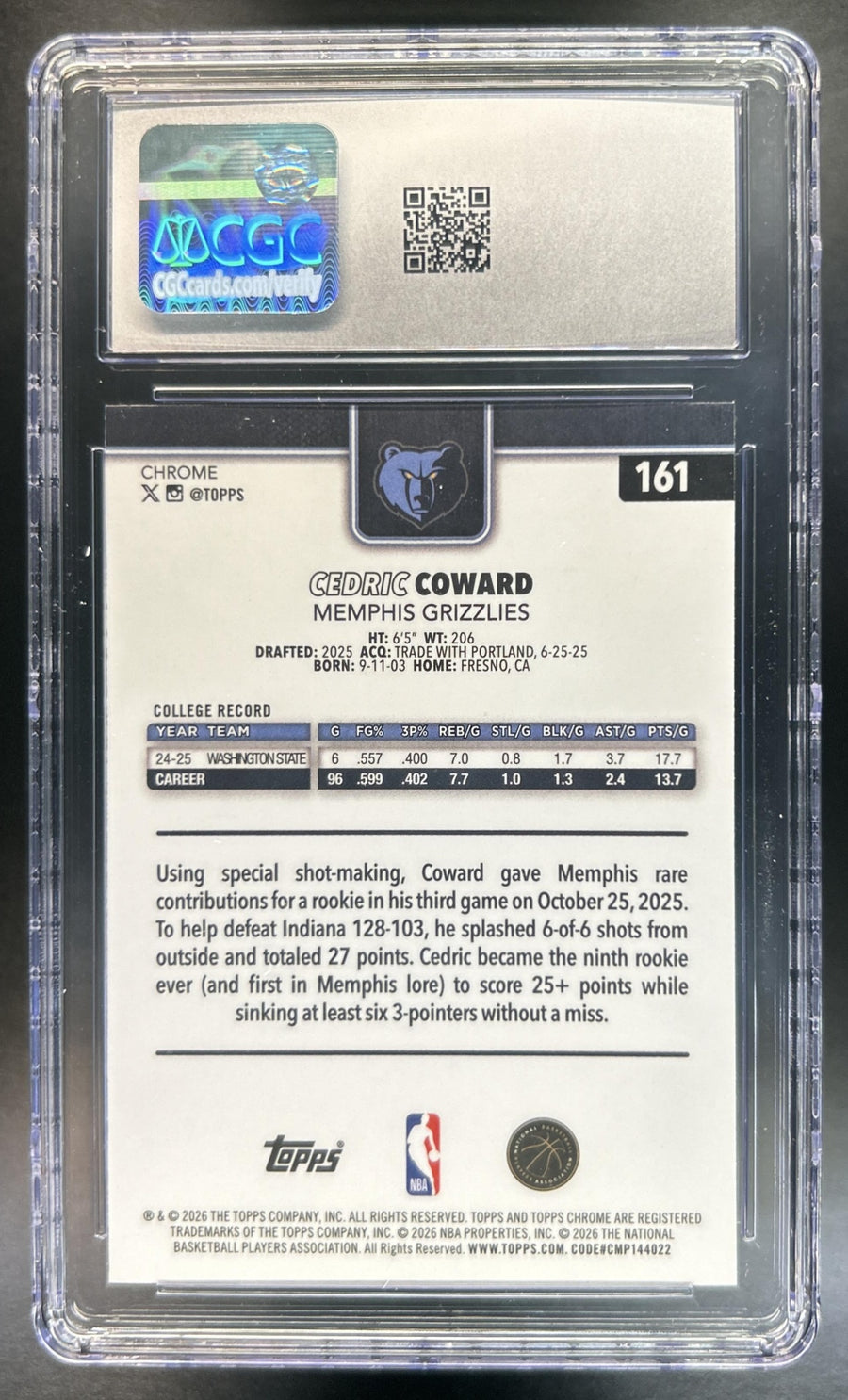 Cedric Coward 2025-26 Topps Chrome Update #161 Image Variation Speckle Refractor RC Grizzlies CGC 10