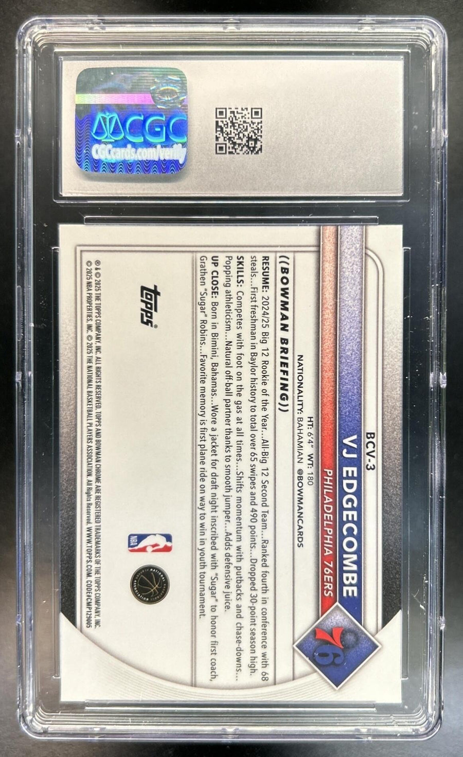 VJ Edgecombe 2025-26 Bowman #BCV-3 Chrome Pink Mojo Refractor 15/199 RC 76ers CGC 10