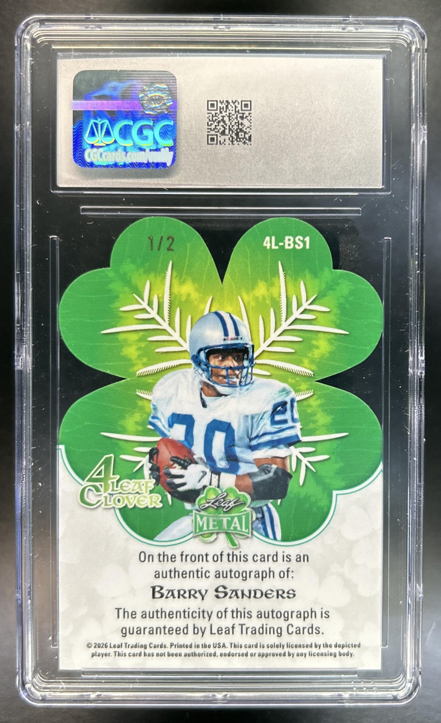 Barry Sanders 2026 Leaf St. Patrick's Day #4L-BS1 4 Clover Auto Prismatic Red 1/2 Hall Of Fame CGC 9.5