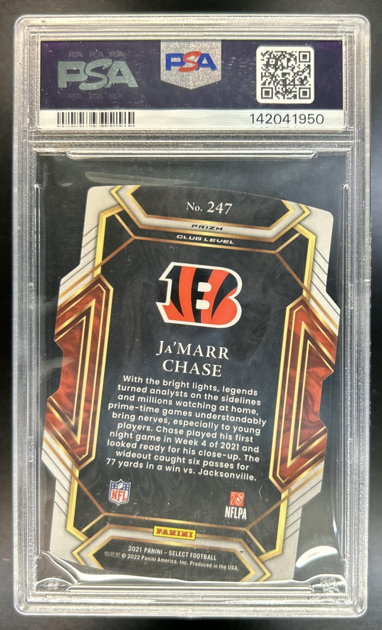 Ja'Marr Chase 2021 Panini Select #247 Green and Yellow Prizm Die Cut Club RC Bengals PSA 10