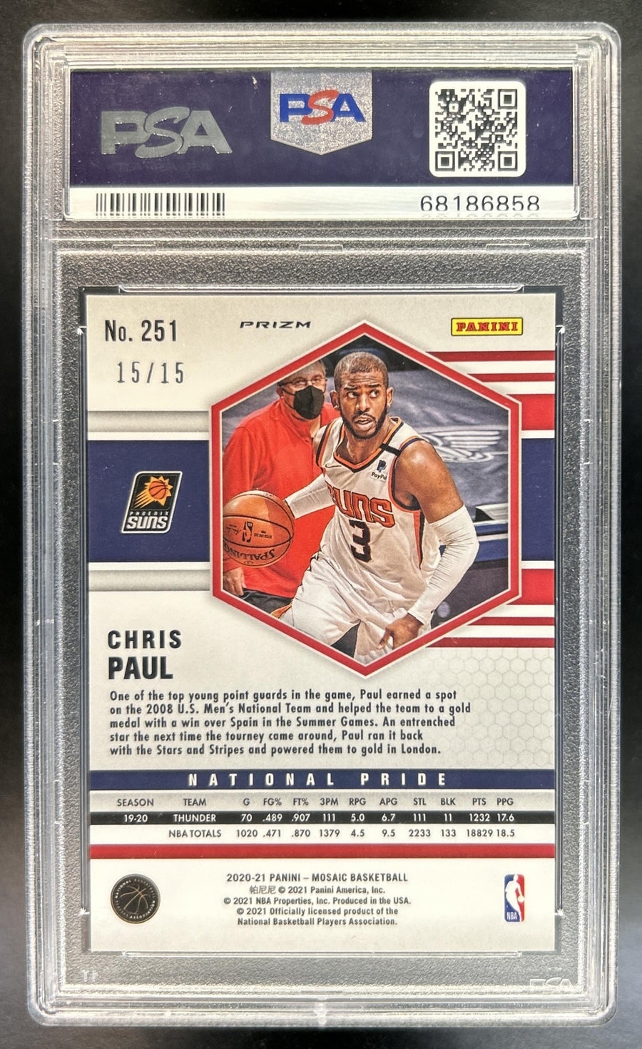 Chris Paul 2020-21 Panini Mosaic #251 Blue Fluorescent 15/15 National Pride Suns PSA 10