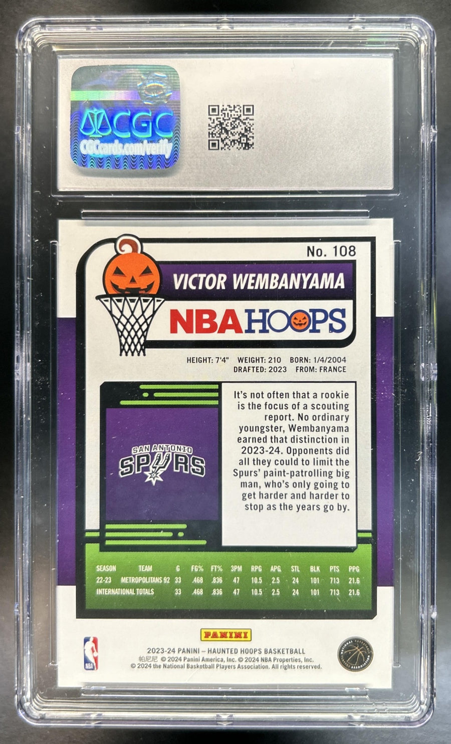 Victor Wembanyama 2023-24 Panini Hoops Haunted #108 RC Spurs CGC 10