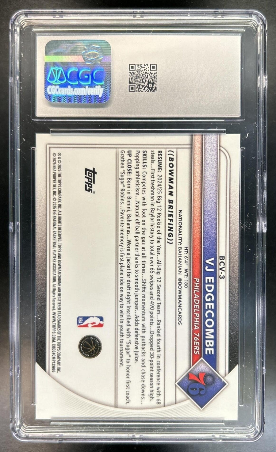 VJ Edgecombe 2025-26 Bowman #BCV-3 Chrome Gold Refractor RC 49/50 76ers CGC 9