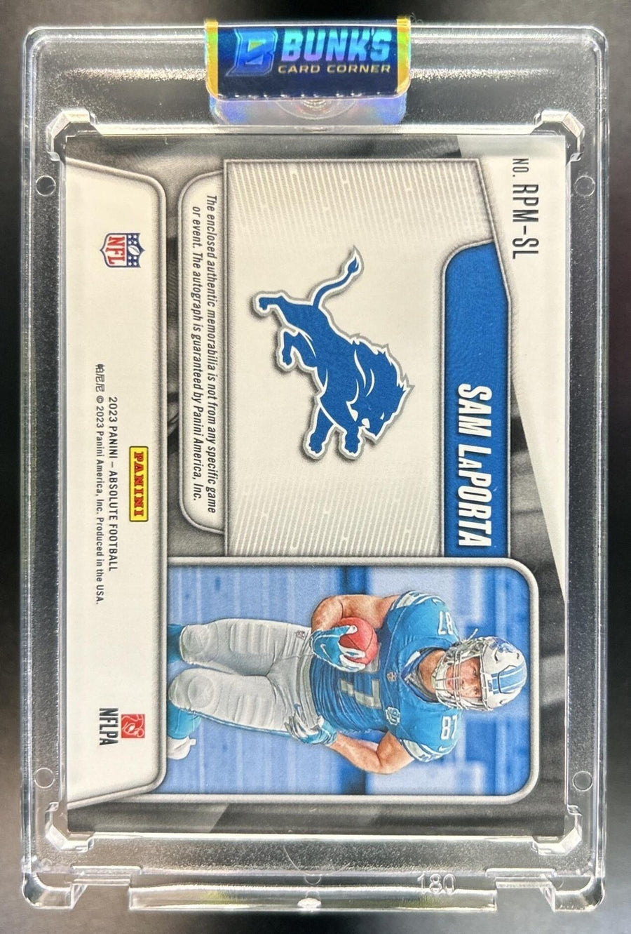 Sam LaPorta 2023 Panini Absolute #RPM-SL Rookie Premiere Materials Autos 198/399 MEM Auto RC Lions