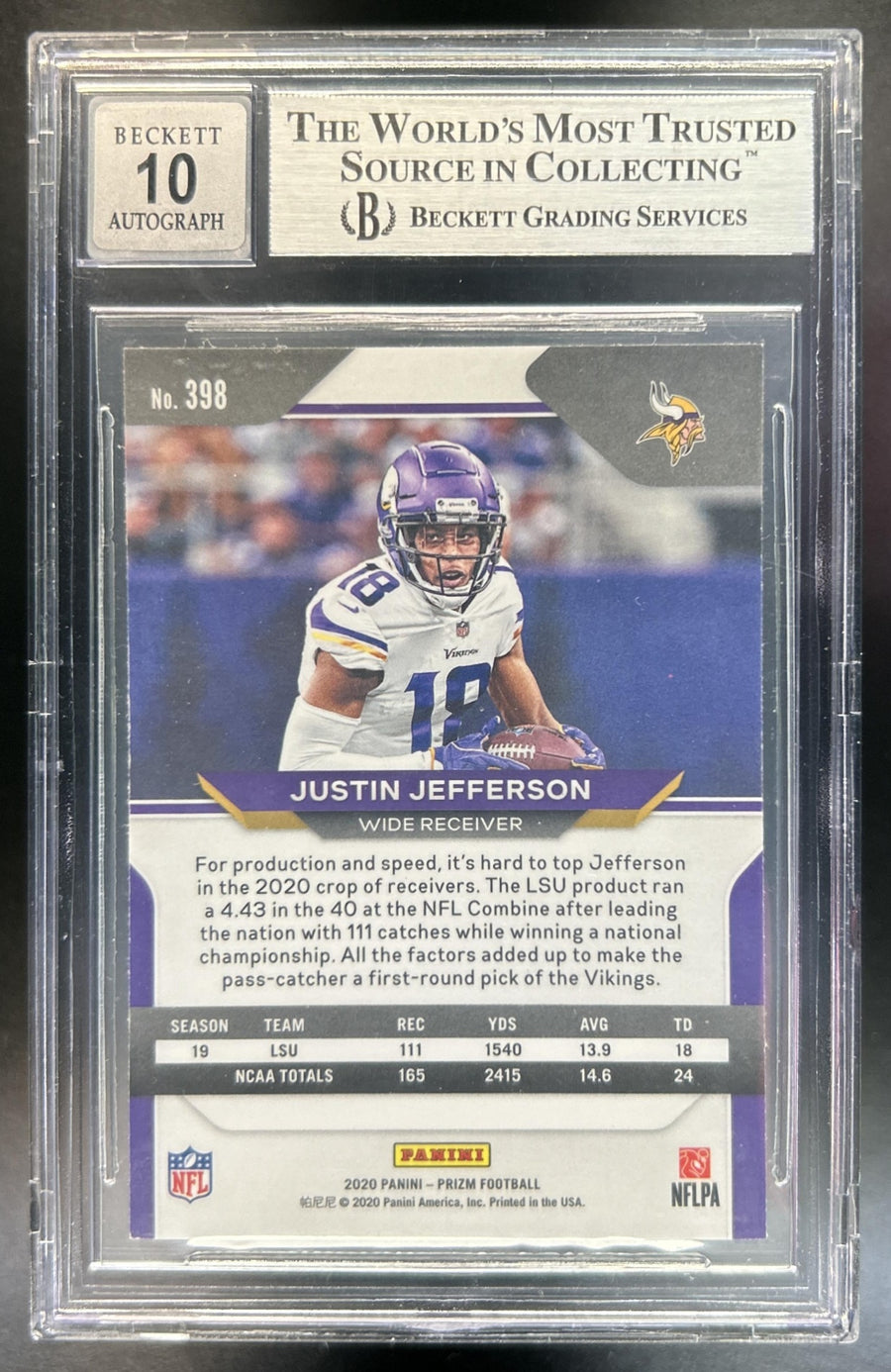Justin Jefferson 2020 Panini Prizm #398 Rookie Auto Silver RC Vikings