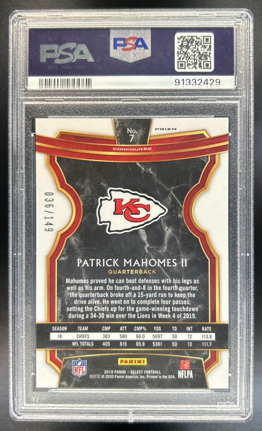 Patrick Mahomes II 2019 Panini Select #7 Red Prizm 36/149 Concourse Chiefs PSA 10
