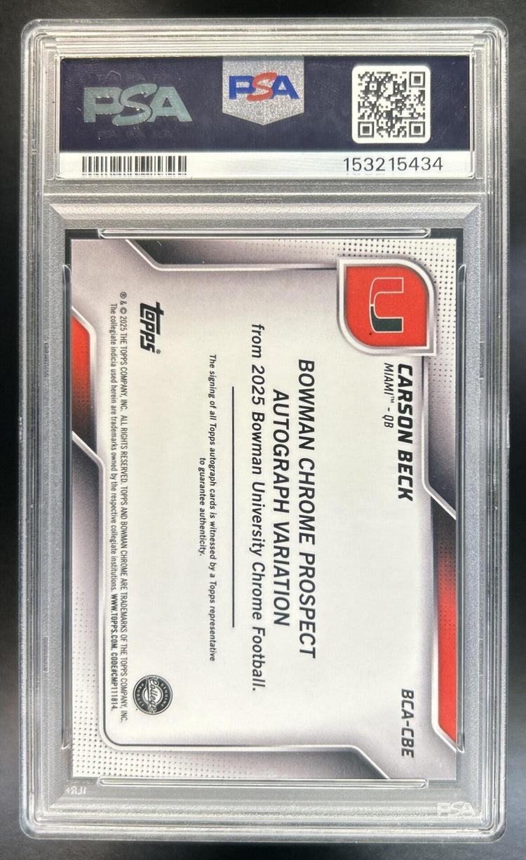 Carson Beck 2025 Bowman Chrome University #BCA-CBE Prospect Auto Black Shimmer Refractor 2/10 Hurricanes PSA 10