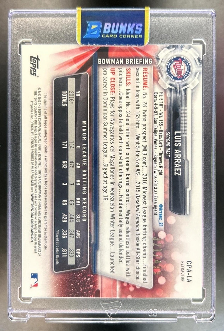 Luis Arraez 2017 Bowman Chrome #CPA-LA Prospect Auto Refractor 321/499 Twins