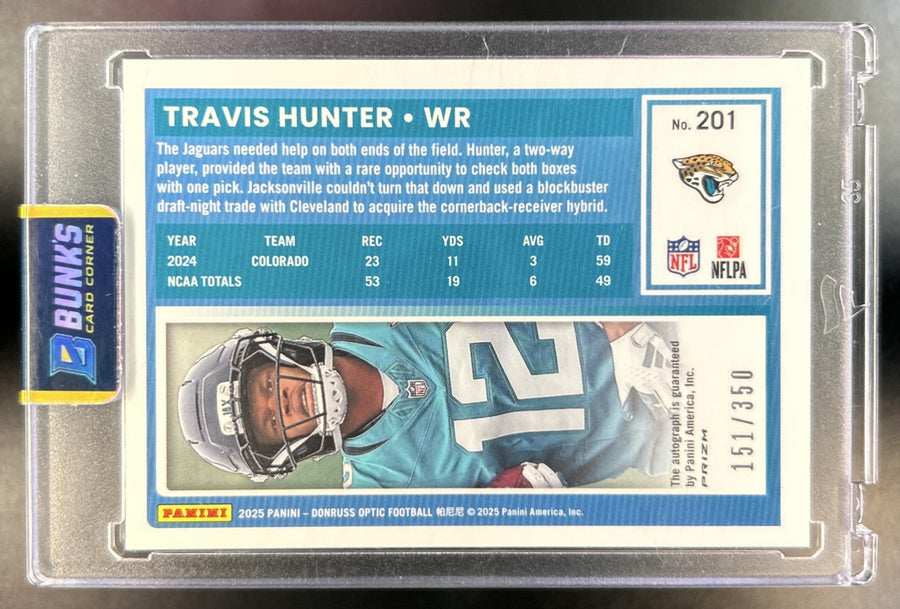 Travis Hunter 2025 Panini Donruss Optic #201 Rated Rookie RPS Auto 151/350 Jaguars