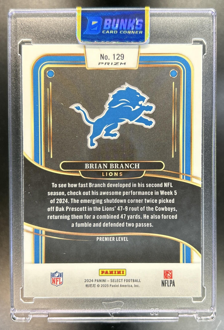 Brian Branch 2024 Panini Select #129 Premier Zebra Prizm Shock Lions