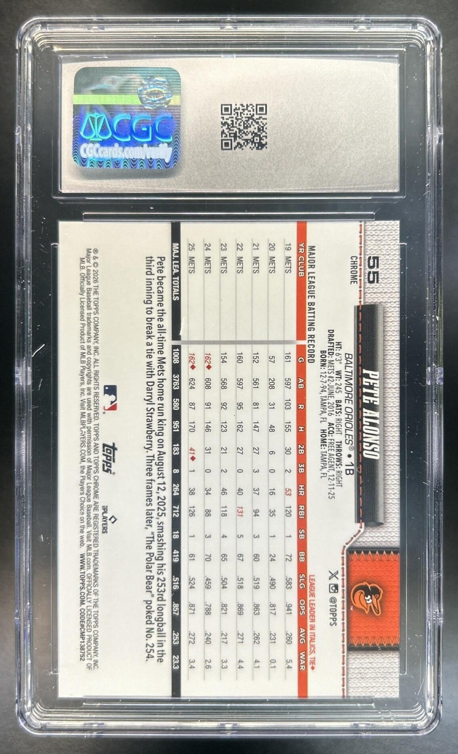 Pete Alonso 2026 Topps Chrome #55 Image Variation Orioles CGC 10