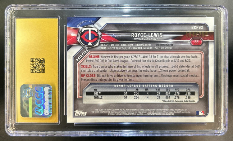 Royce Lewis 2018 Bowman #BCP93 Chrome Prospects Mojo Refractor Purple 108 Twins CGC Pristine 10
