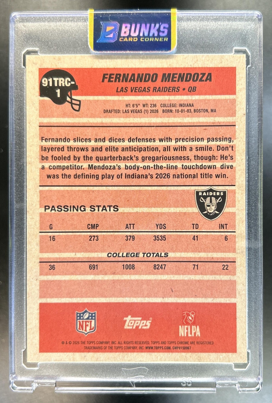 Fernando Mendoza 2026 Topps 35th #91TRC-1 1991 Chrome Rookie Mojo Refractor RC Raiders