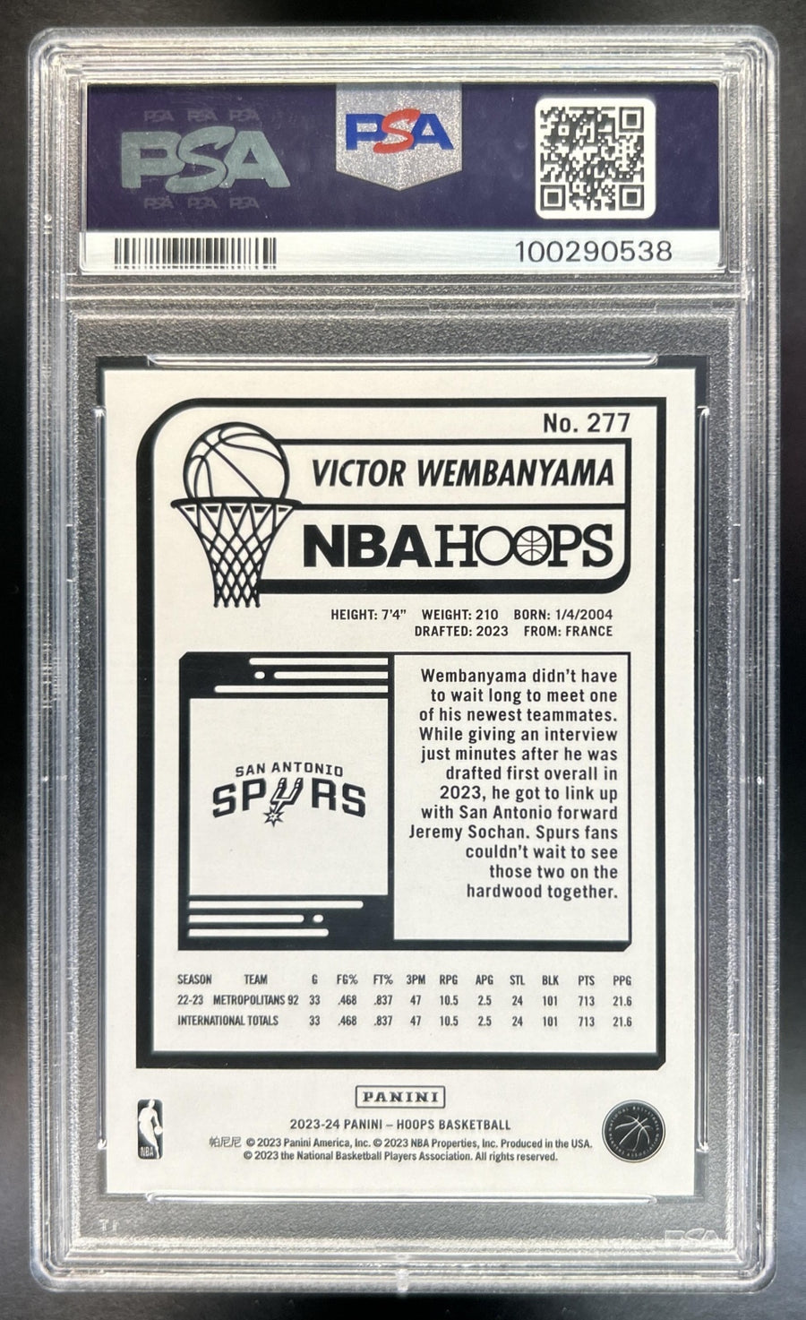 Victor Wembanyama 2023-24 Panini Hoops #277 Purple RC Spurs PSA 9