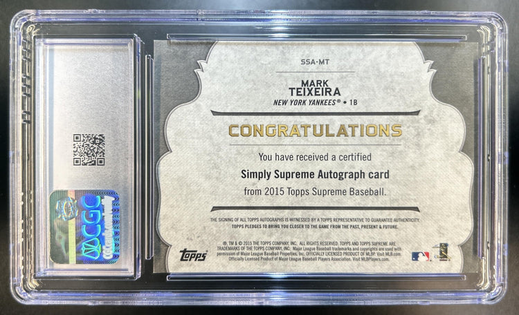 Mark Teixeira 2015 Topps Supreme #SSA-MT Simply Auto Yankees CGC Authentic Auto 10