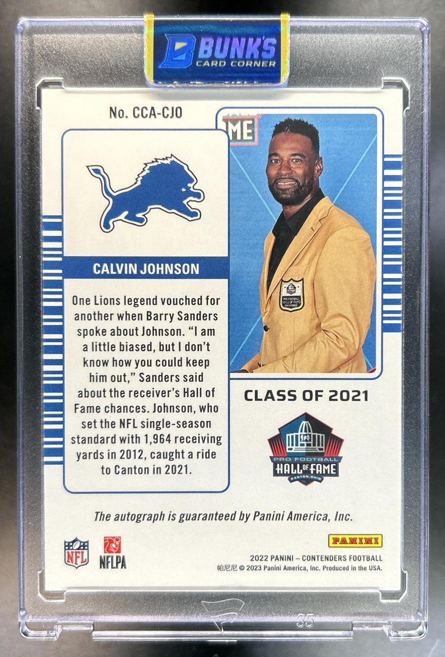 Calvin Johnson 2022 Panini Contenders #CCA-CJO to Canton Auto 7/25 Lions