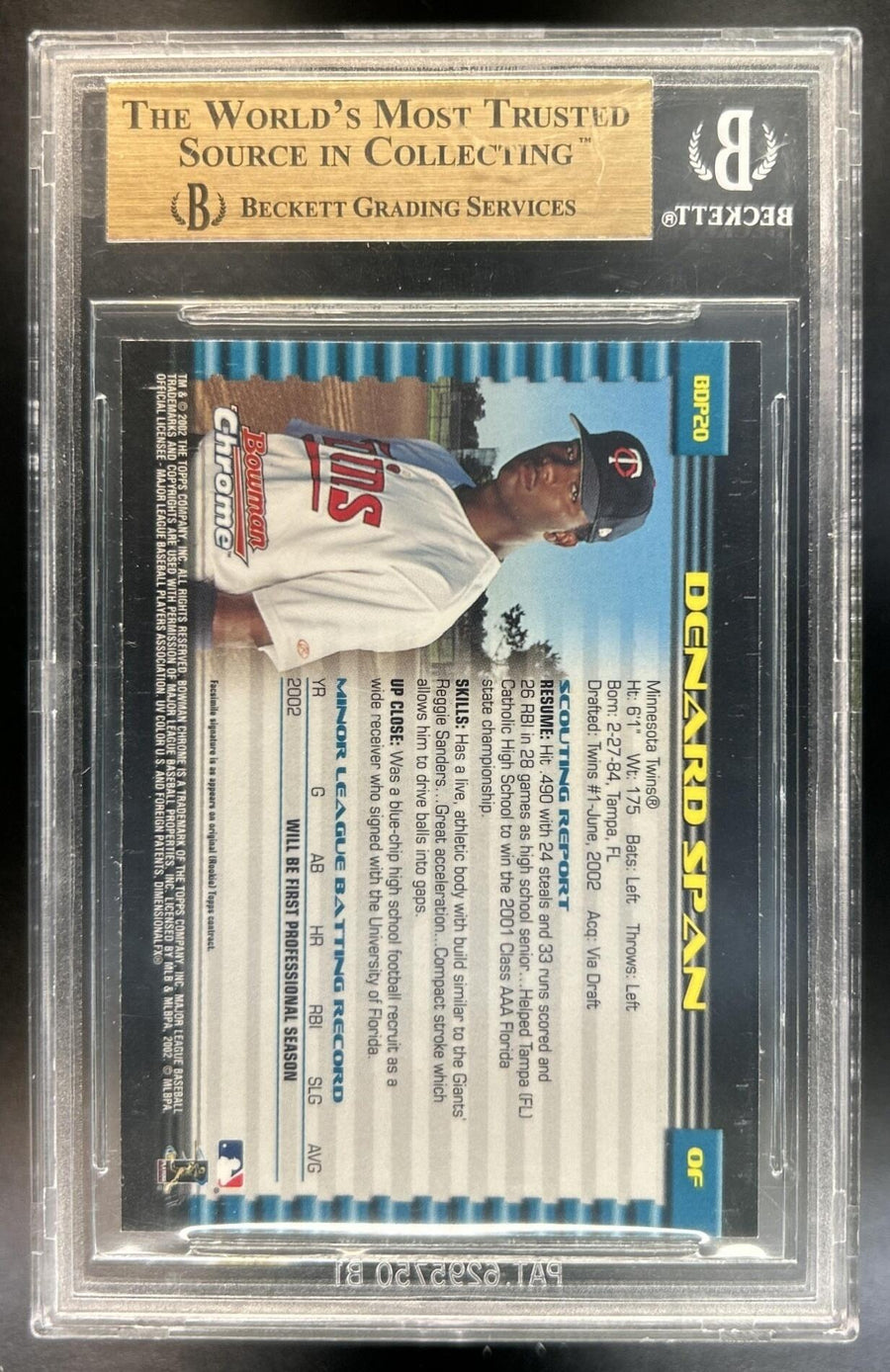Denard Span 2002 Bowman Draft Picks & Prospects #BDP20 RC Twins BGS 9.5