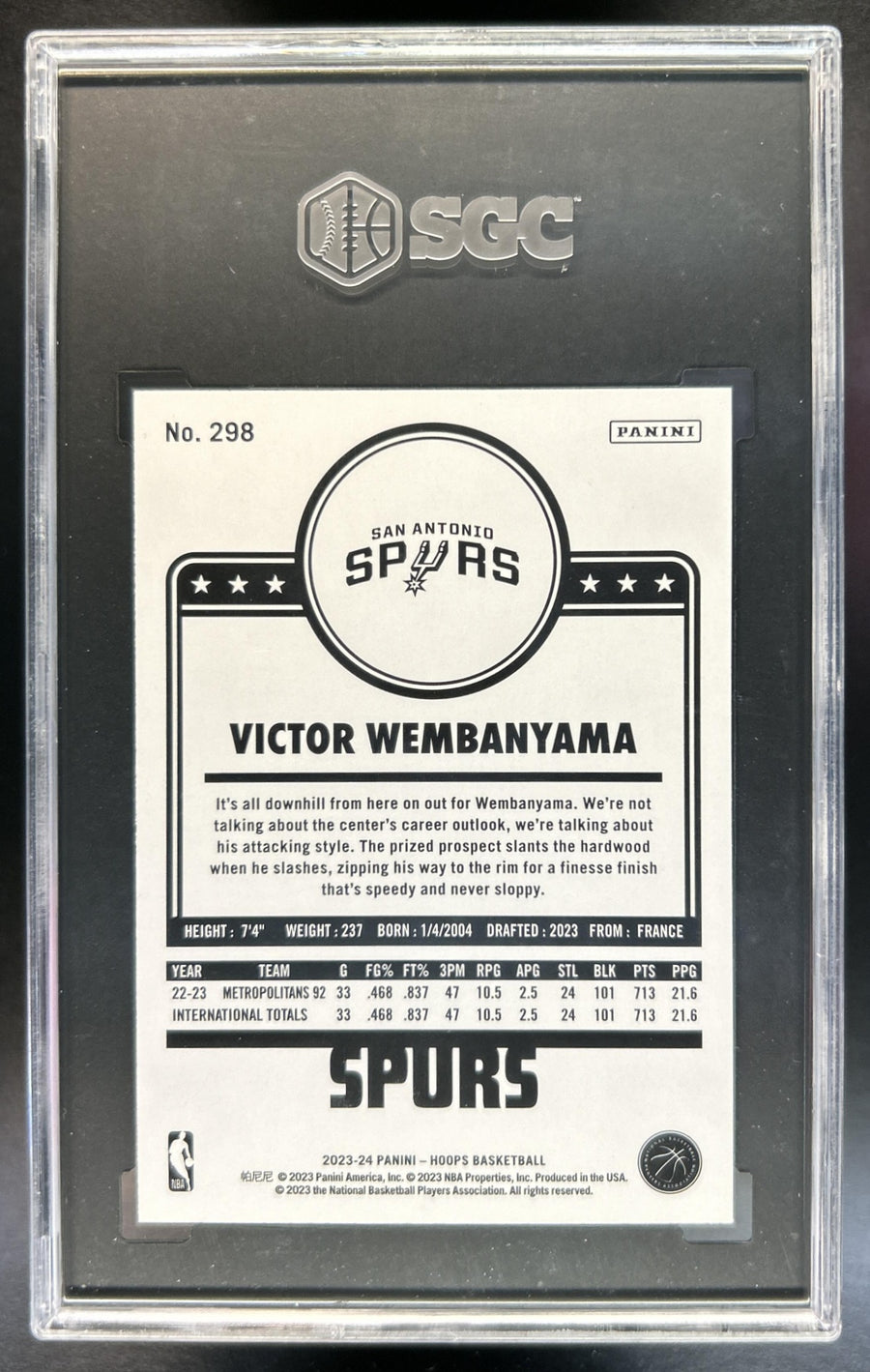 Victor Wembanyama 2023-24 Panini Hoops #298 Purple RC Spurs SGC 9.5