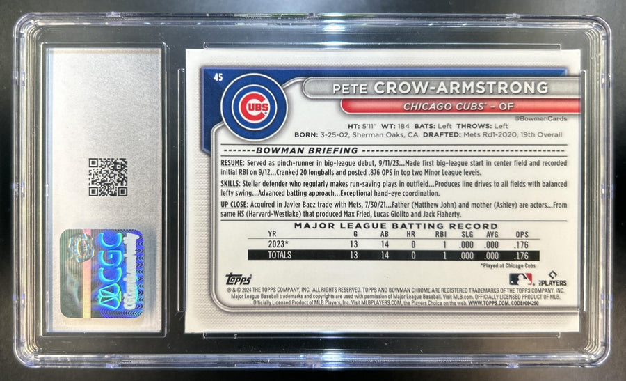 Pete Crow-Armstrong 2024 Bowman Chrome #45 Mega Box Refractor RC Cubs CGC 10