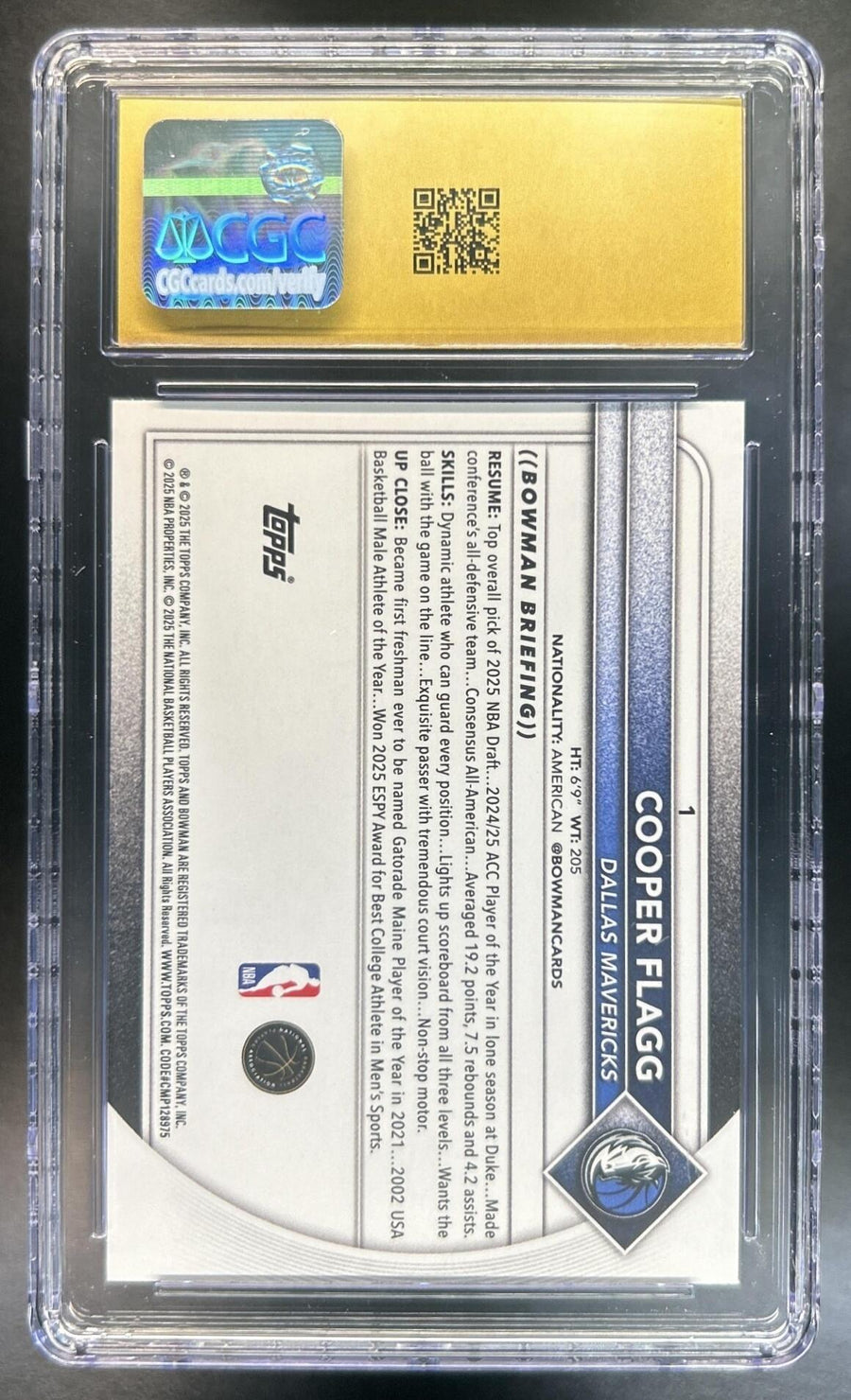 Cooper Flagg 2025-26 Bowman #1 RC Mavericks CGC Pristine 10