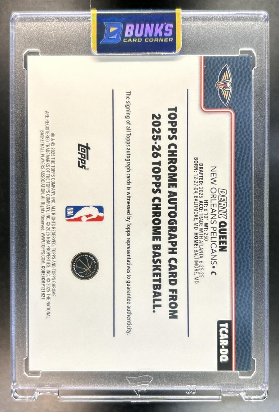 Derik Queen 2025-26 Topps Chrome #TCAR-DQ Rookie Auto RC Pelicans