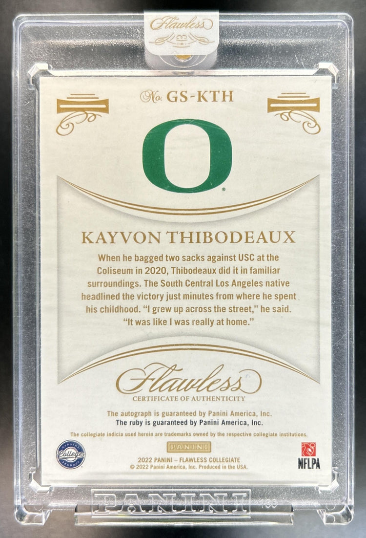Kayvon Thibodeaux 2022 Panini Flawless Collegiate #GS-KTH Rookie Gems Signatures Ruby 10/20 RC Auto Ducks