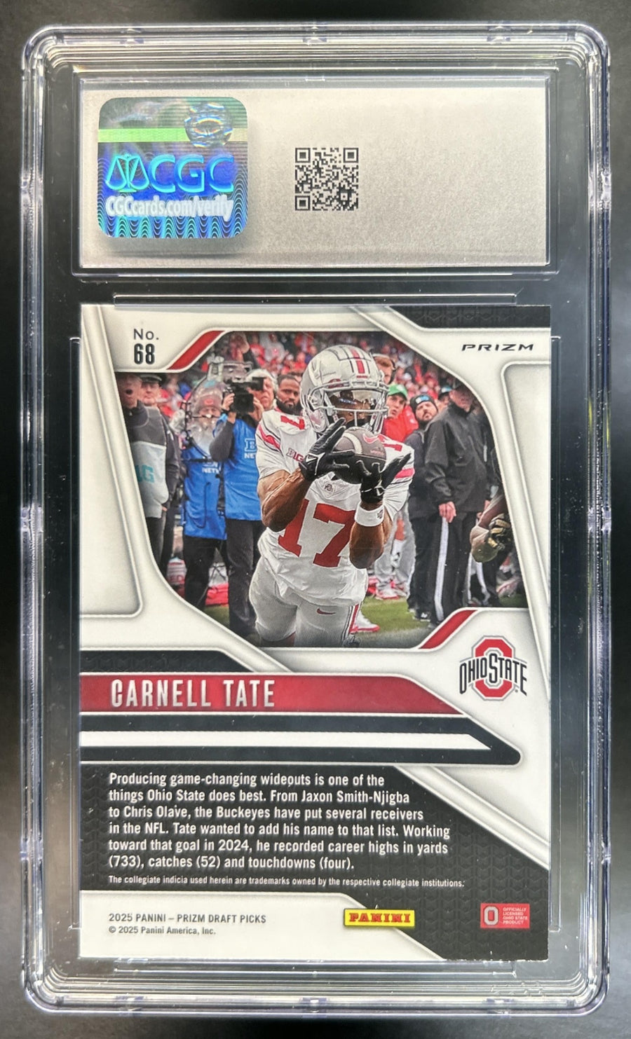 Carnell Tate 2025 Panini Prizm Draft Picks #68 Gold Ice RC Buckeyes