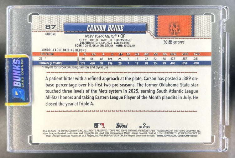Carson Benge 2026 Topps Chrome #87 White Refractor 8/30 RC Mets